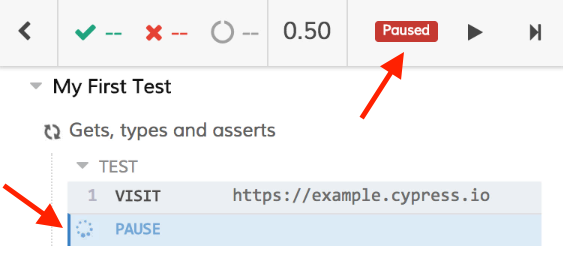 Test Runner shows label saying 'Paused' with Command Log showing 'Pause'